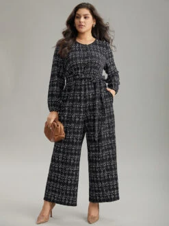 Textured Button Up Elastic Waist Belted Jumpsuit