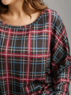 Plaid Dolman Sleeve Round Neck T-shirt -Bloomchic Shop 657512321 ld
