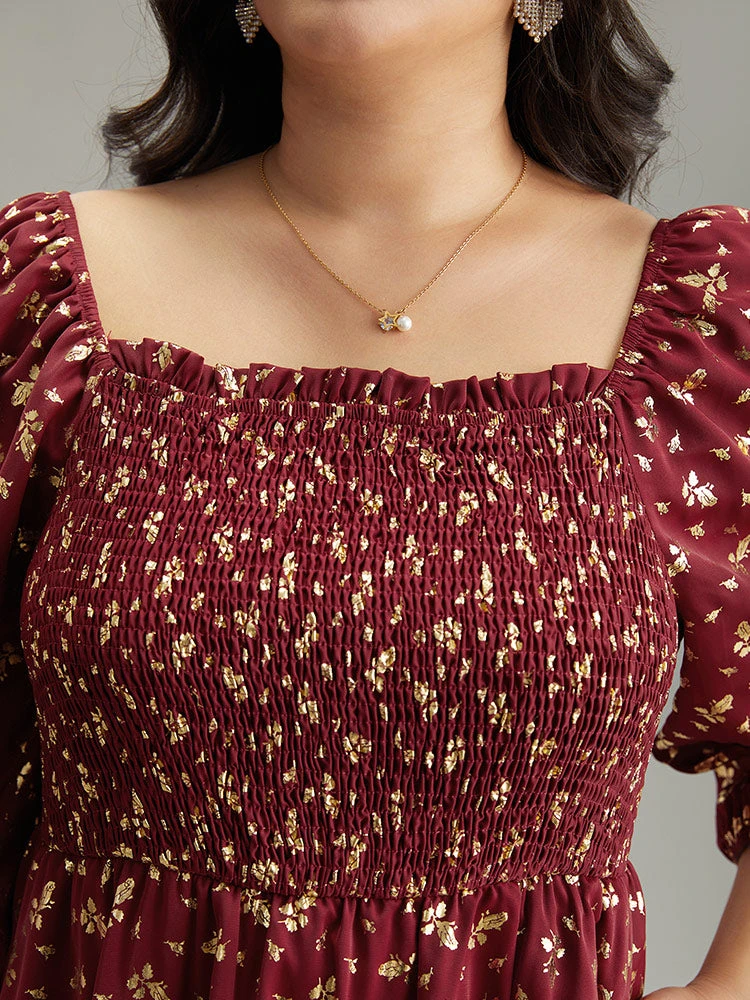 Glitter Square Neck Shirred Split Front Frill Trim Dress 10 Glitter Square Neck Shirred Split Front Frill Trim Dress - Image 8