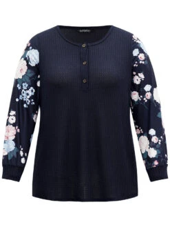 Waffle Knit Floral Patchwork Button Up T-shirt -Bloomchic Shop 657703209 zv