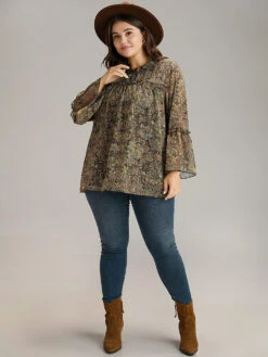 Bandana Print Mesh Frill Trim Blouse -Bloomchic Shop 65776215 yt