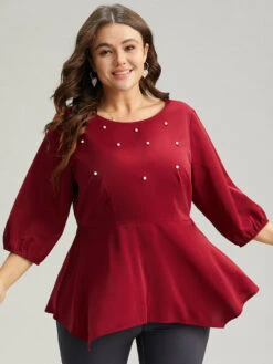 Plain Pearl Beaded Gathered Hanky Hem Blouse
