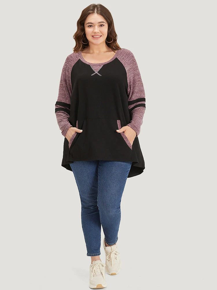 Striped Contrast Pocket Raglan Sleeve High Low Hem Sweatshirt 6 Striped Contrast Pocket Raglan Sleeve High Low Hem Sweatshirt - Image 4