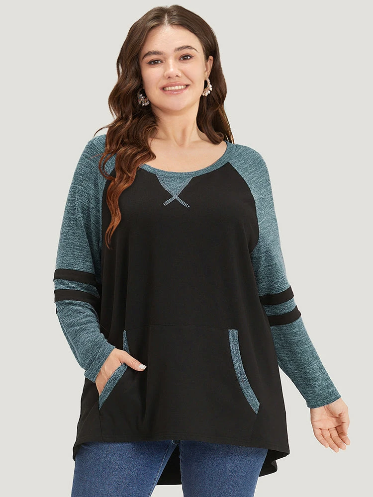 Striped Contrast Pocket Raglan Sleeve High Low Hem Sweatshirt 12 Striped Contrast Pocket Raglan Sleeve High Low Hem Sweatshirt - Image 10