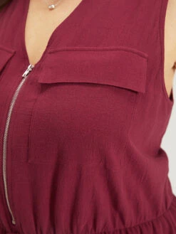 Plain V Neck Pocket Zipper Drawstring Sleeveless Jumpsuit -Bloomchic Shop 658278599 fi