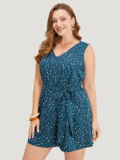 Polka Dot V Neck Pocket Sleeveless Belted Romper -Bloomchic Shop 65867246 ql