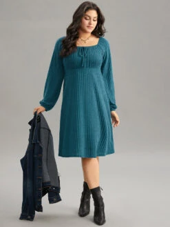 Rib Knit Ties Square Neck Lantern Sleeve Dress -Bloomchic Shop 658824735 yj