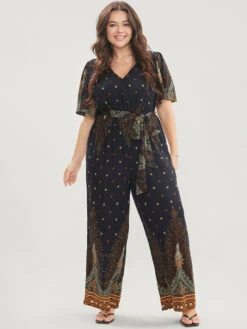 Bandana Print Ruffles Sleeve Belted Wrap Pocket Jumpsuit -Bloomchic Shop 659198550 mb