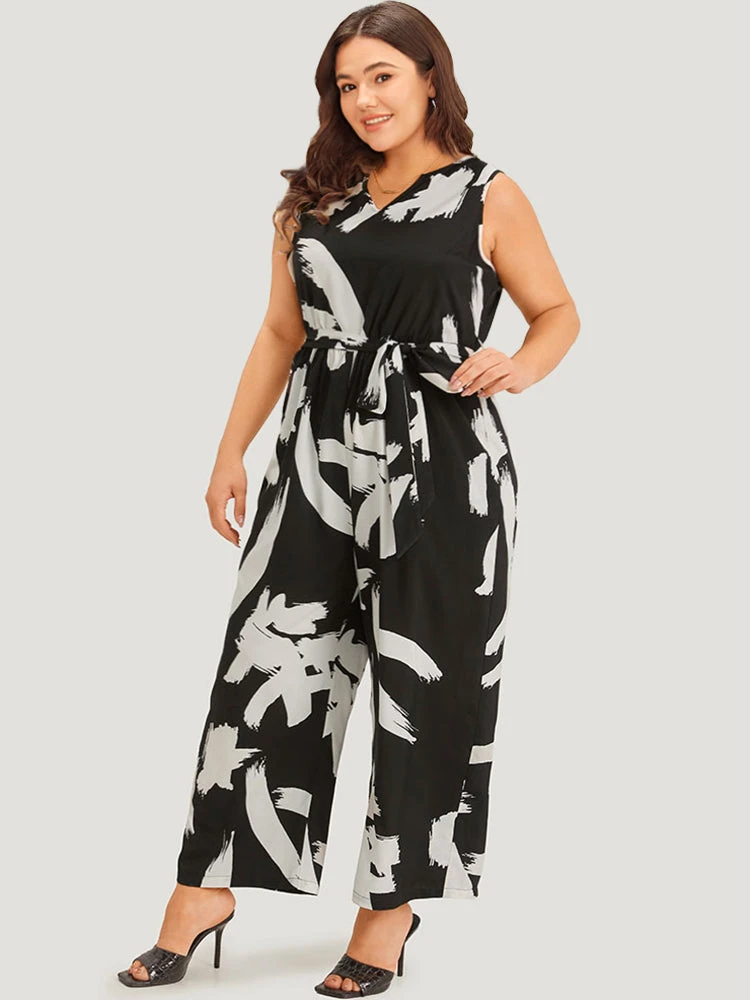 Brush Print Notched Pocket Sleeveless Belted Jumpsuit 5 Brush Print Notched Pocket Sleeveless Belted Jumpsuit - Image 3