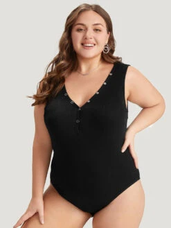 Supersoft Essentials Plain Rib Knit Button Detail Tank Bodysuit -Bloomchic Shop 659762509 si