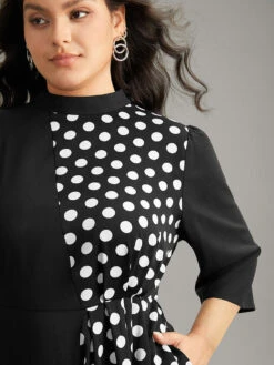 Polka Dot Patchwork Mock Neck Elastic Waist Dress -Bloomchic Shop 660514530 sh