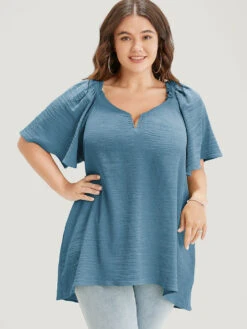 Plain Notched High Low Hem Ruffle Sleeve Frill Trim Blouse -Bloomchic Shop 66142478 te 7870f43c e645 4c53 93b8 8f75407ecd3d