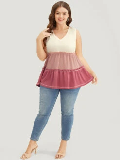 Colorblock Contrast Frill Trim Ruffle Tiered Waffle Knit Tank Top -Bloomchic Shop 661607667 xk