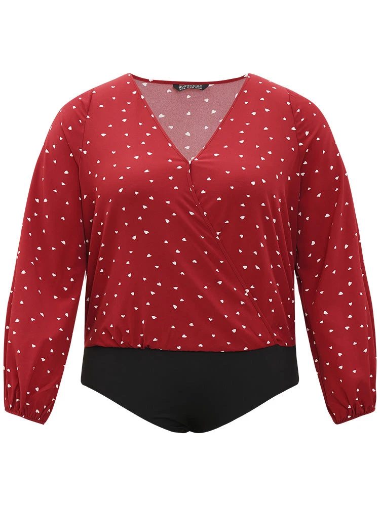 Heart Print Surplice Neck Lantern Sleeve Bodysuit 12 Heart Print Surplice Neck Lantern Sleeve Bodysuit - Image 10