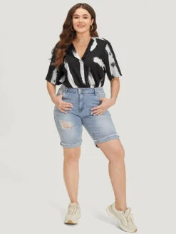 Brush Print Shirt Collar Elastic Waist Bodysuit -Bloomchic Shop 662267896 ty