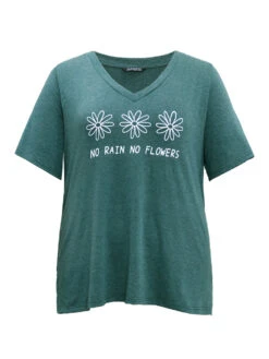 Natural & Letter Graphic V Neck T-shirt -Bloomchic Shop 662421797 kp