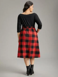 Plaid Pocket Boat Neck Patchwork Dress 11 Plaid Pocket Boat Neck Patchwork Dress -Bloomchic Shop 66316804 ks