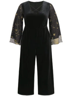 Halloween Moon & Star Glitter Mesh Crisscross Neck Jumpsuit -Bloomchic Shop 664979855 iz