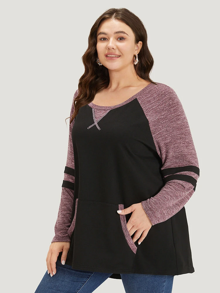 Striped Contrast Pocket Raglan Sleeve High Low Hem Sweatshirt 5 Striped Contrast Pocket Raglan Sleeve High Low Hem Sweatshirt - Image 3