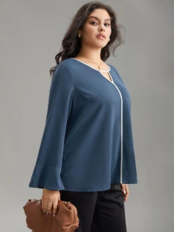 Two Tone Keyhole Bell Sleeve Blouse -Bloomchic Shop 665654010 kn
