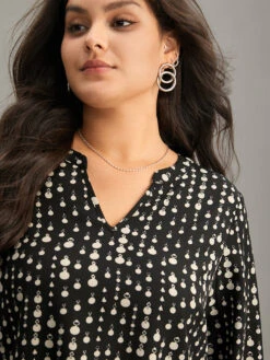 Chain Print Notched Lantern Sleeve Blouse -Bloomchic Shop 666677823 wh