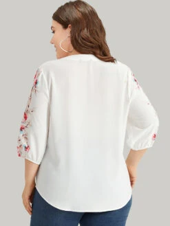Floral Print Button Detail Notched Lantern Sleeve Blouse -Bloomchic Shop 66736027 mt