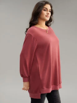 Solid Rib Knit Hem High Low Hem Sweatshirt -Bloomchic Shop 667409847 ea