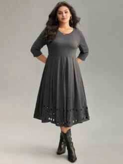 Plain Elastic Waist Laser Cut Crew Neck Dress 12 Plain Elastic Waist Laser Cut Crew Neck Dress -Bloomchic Shop 667926064 jq