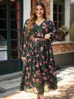 Floral Print Chiffon Split Side Elastic Waist Dress -Bloomchic Shop 668424223 ic