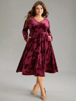 Velvet Jacquard Elastic Waist Ruched Dress -Bloomchic Shop 669837780 qs