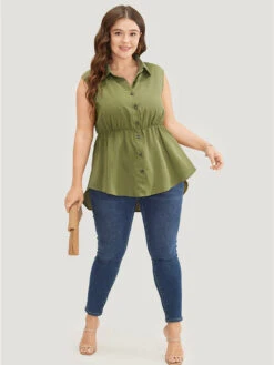 Solid Button Detail Ruffle High Low Hem Tank Top -Bloomchic Shop 670345349 ys