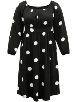 Polka Dot Square Neck Gathered Elastic Cuffs Dress -Bloomchic Shop 671239184 xi