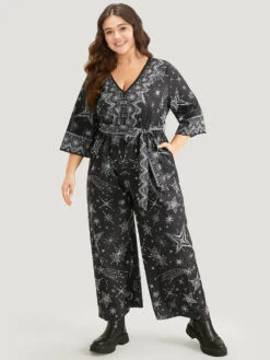 Halloween Star Print Belted V Neck Jumpsuit