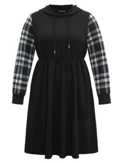 Plaid Patchwork Drawstring Pocket Hooded Dress -Bloomchic Shop 67401178 to