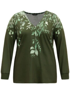Plants Print V Neck Elastic Cuffs Sweatshirt -Bloomchic Shop 674603621 jn