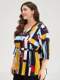 Geometric Contrast Drawstring Button Up Blouse -Bloomchic Shop 67473371 pg