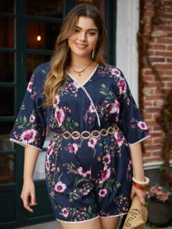 Floral Print Overlap Collar Contrast Trim Pocket Jumpsuit -Bloomchic Shop 67615303 uy