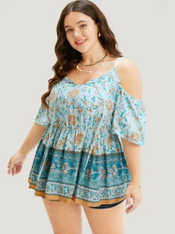 Floral Print Tie Neck Keyhole Ruffles Cold Shoulder Blouse -Bloomchic Shop 67684272 xo
