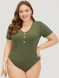 Solid Rib Knit Button Detail Bodysuit -Bloomchic Shop 676883944 qs