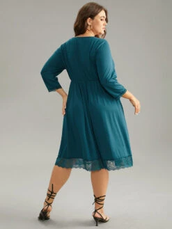 Solid Guipure Lace Ruched Elastic Waist Dress -Bloomchic Shop 677286426 tm