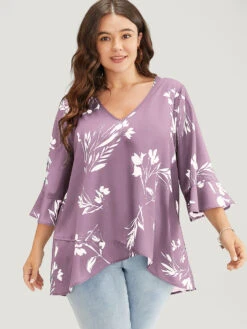 Floral Asymmetrical Hem Ruffle Trim Flounce Sleeve Blouse -Bloomchic Shop 678262544 bk ade8531d 5f82 4f29 a536 dbe853dc7e2b