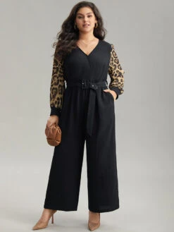 Leopard Patchwork Wrap Buckle Detail Belted Jumpsuit -Bloomchic Shop 680445369 vq