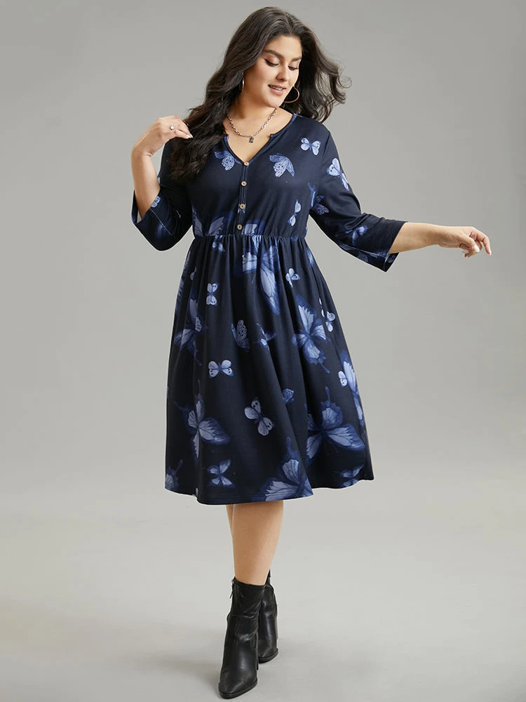 Butterfly Print Notched Elastic Waist Button Detail Dress 3 Butterfly Print Notched Elastic Waist Button Detail Dress