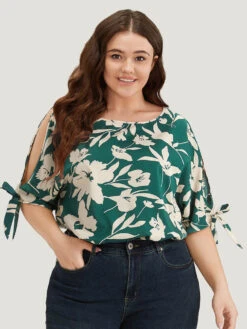 Silhouette Floral Print Knotted Cut Out Round Neck Bodysuit -Bloomchic Shop 682894162 uq