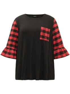 Plaid Patched Pocket Patchwork Contrast Bell Sleeve T-shirt 25 Plaid Patched Pocket Patchwork Contrast Bell Sleeve T-shirt -Bloomchic Shop 683253128 yz