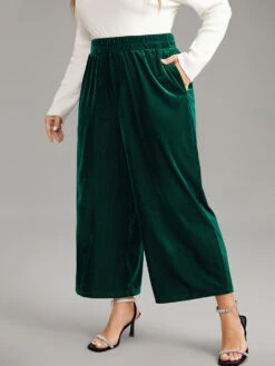 Solid Textured Velvet Elastic Waist Gathered Pants -Bloomchic Shop 683537092 dt