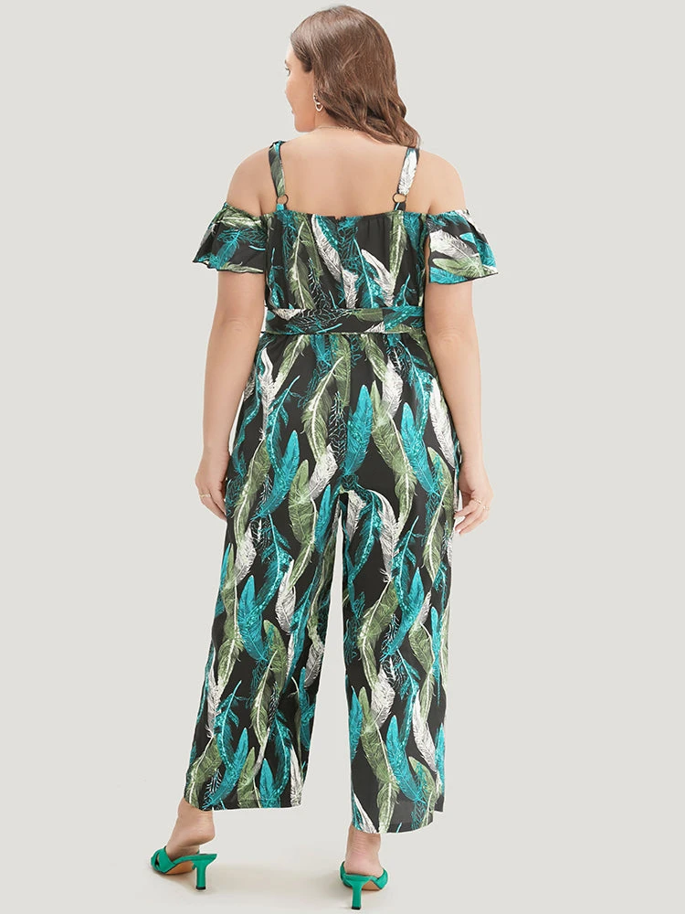 Tropical Cold Shoulder Pocket Belted Ruffle Trim Jumpsuit 11 Tropical Cold Shoulder Pocket Belted Ruffle Trim Jumpsuit - Image 9