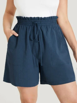 Plain Drawstring Pocket Paperbag Waist Shorts