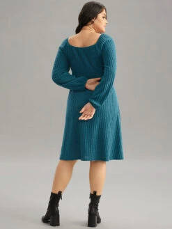 Rib Knit Ties Square Neck Lantern Sleeve Dress -Bloomchic Shop 685429183 ub