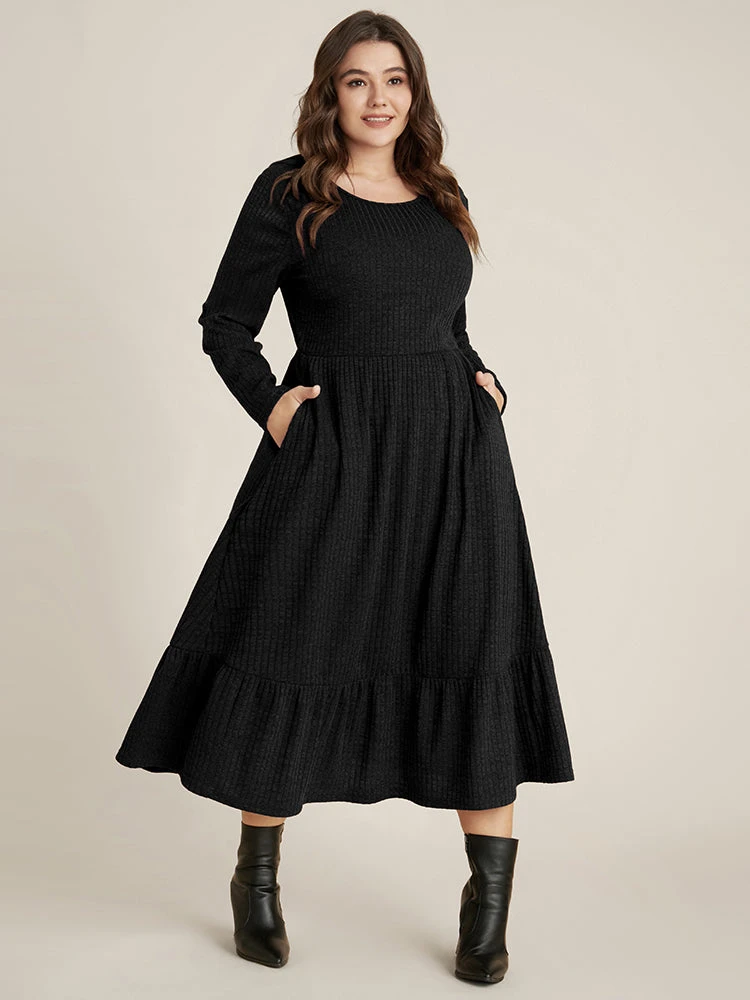 Solid Pocket Rib Knit Ruffle Hem Dress Without Belt 22 Solid Pocket Rib Knit Ruffle Hem Dress Without Belt - Image 20